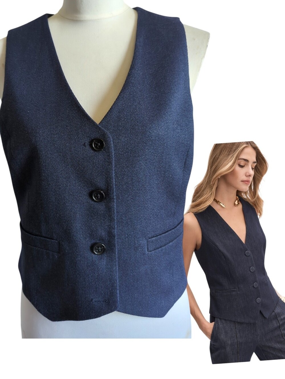 Banana Republic Navy Denim Look Cropped Vest M Adjustable Waist